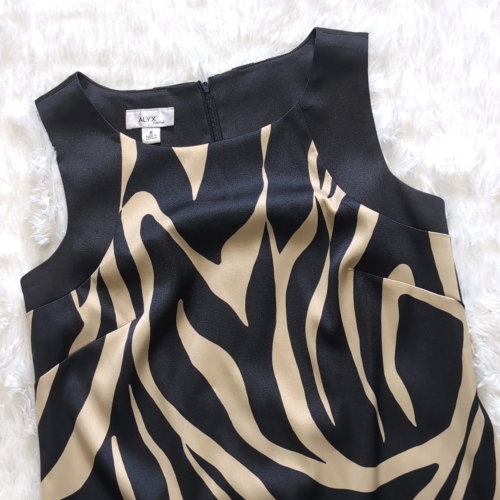 Y2K Alyx Limited Satin Zebra Print Black & Tan Shift Cocktail Dress Size 6 - Picture 2 of 12